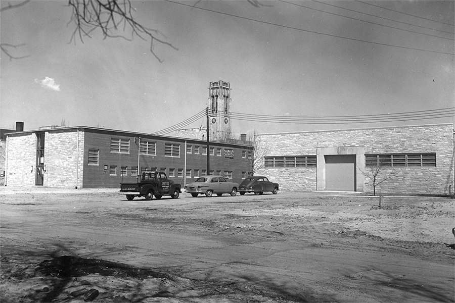 utoledo rotc armory with uhall clock tower in the distance