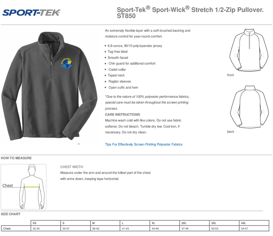 gray pullover sizing specs