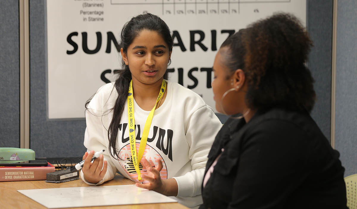 student explaining an assignment to another student as part of supplemental instruction 