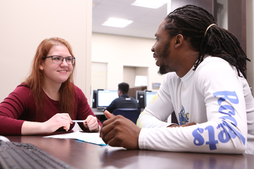 Student mentor with student at computer