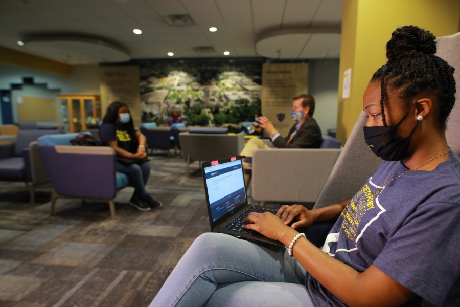 Mandatory Training for The Title IX Grievance Pool People sitting in the Carlson Library Doing Training on Their Laptop