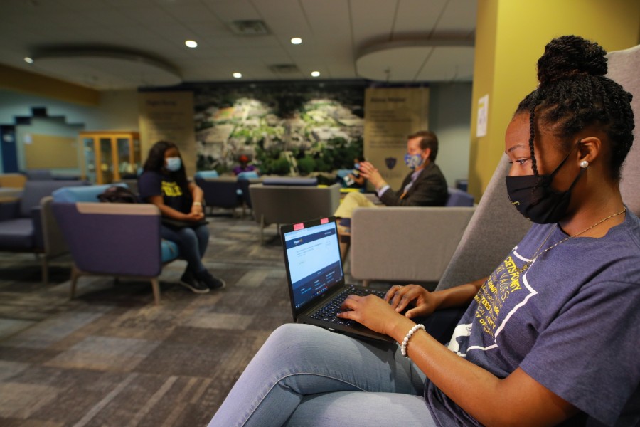 People sitting in the Carlson Library Doing Training on Their Laptop