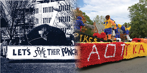 A side-by-side comparison: On the left, a black and white photo of an old UToledo float. On the right: a color photo of a recent UToledo float.