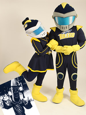 Rocky and Rocksy posing together, with a photo of a past mascot design in the foreground
