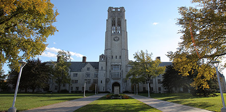 University Hall, backed by a clear blue sky