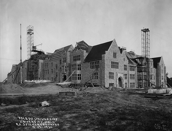 Historical photo of University Hall being constructed. 